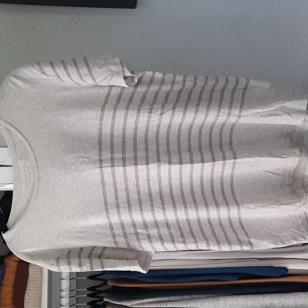 Allsaints Grey Striped Crew Neck T-Shirt